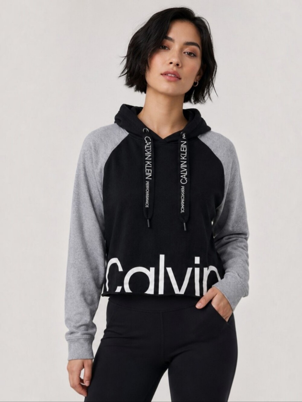 Calvin Klein Performance Black Gray Cropped Hoodie Medium  Logo